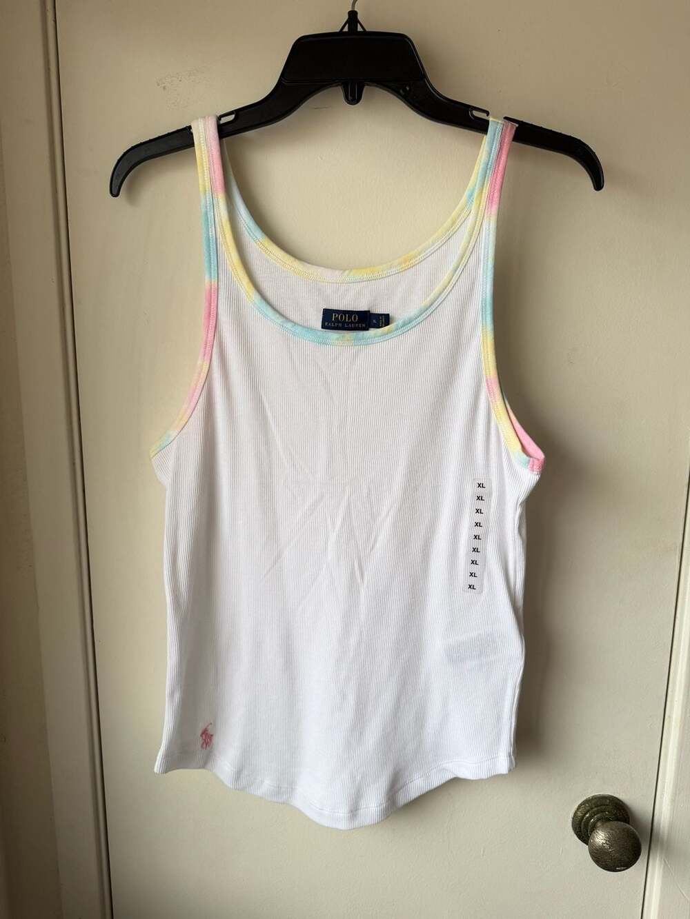 Polo Ralph Lauren Ribbed Tank Top Size XL White Tie Dye Trim Pink Pony